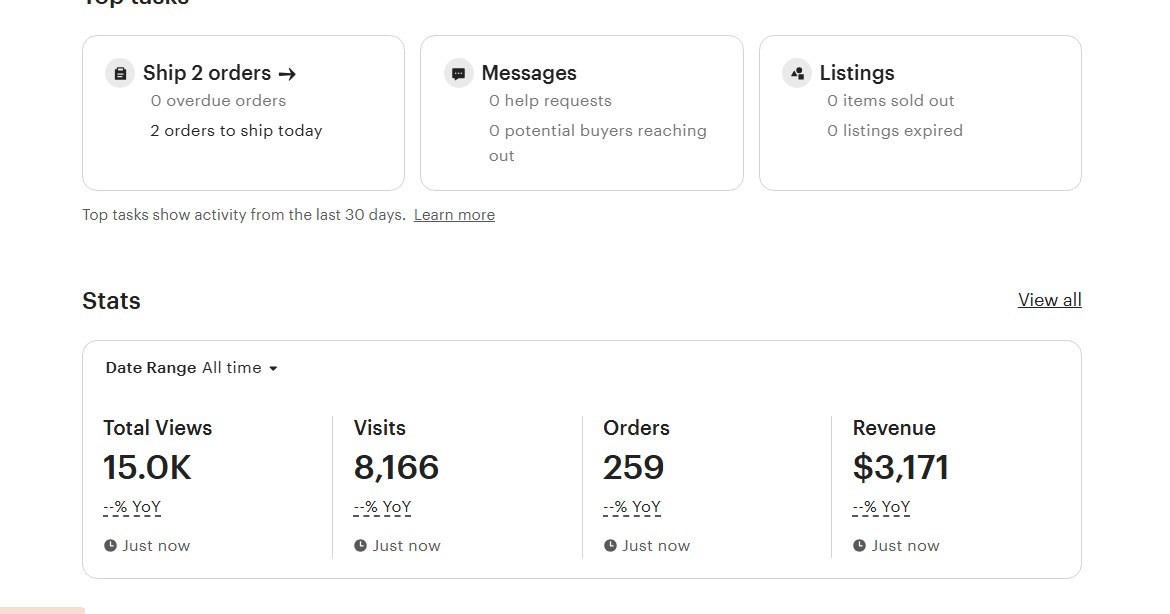 Seller dashboard total sales report, All-time shop stats
