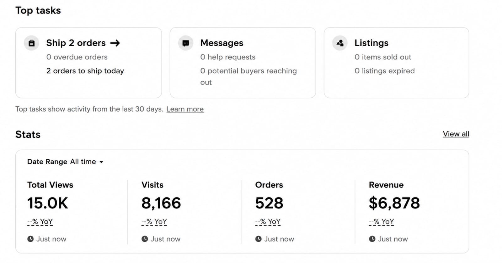 Seller dashboard total sales report, All-time shop stats