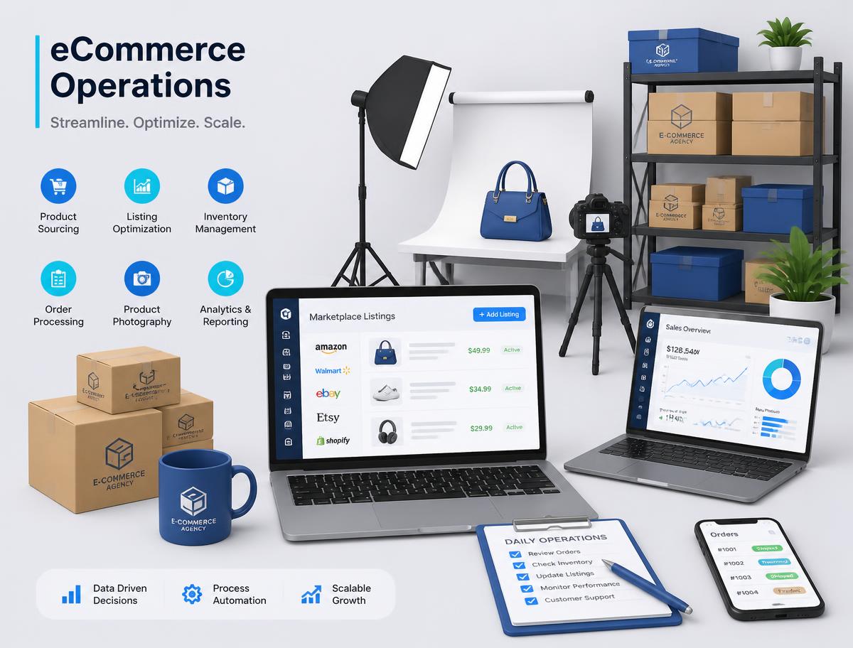 eCommerce operations workspace with marketplace listings, product photography and inventory