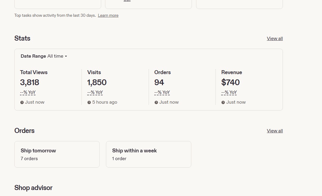 Seller dashboard total sales report, All-time shop stats