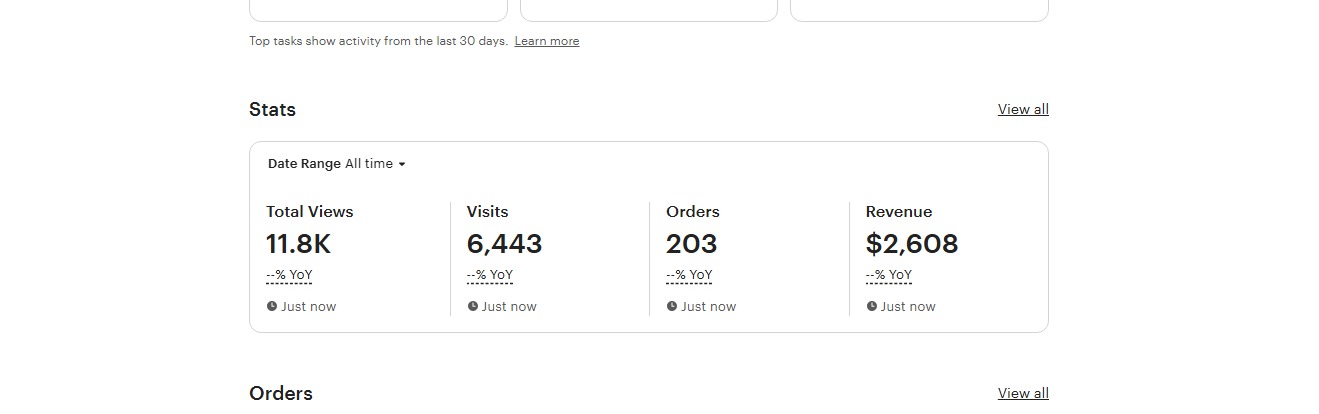 Seller dashboard total sales report, All-time shop stats